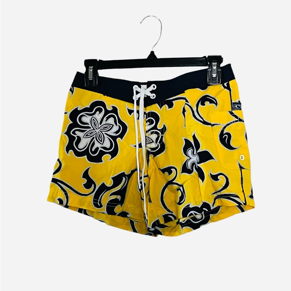 O’Neill Y2K Navy Blue and Yellow Hawaiian Print Board Shorts
